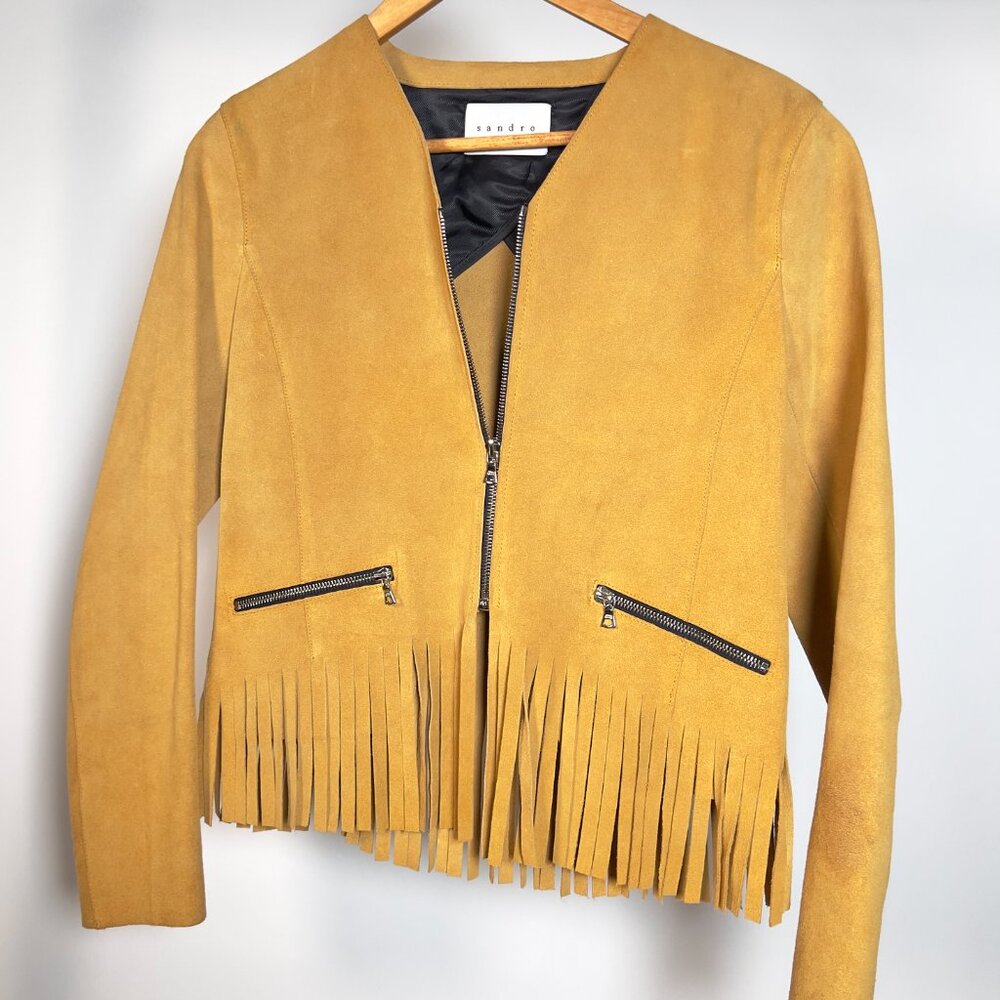 Sandro Suede Zip Front Cropped Jacket with fringe in Small Yellow